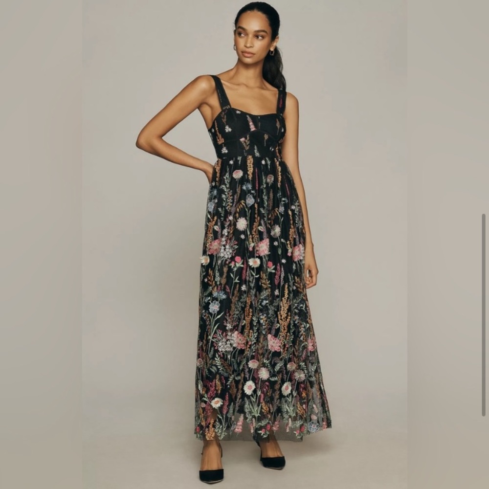 Anthropologie Floral Embroidered Mesh Midi Dress Black NWT